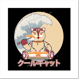 Cute japanese cat, kawaii eat sushi Posters and Art